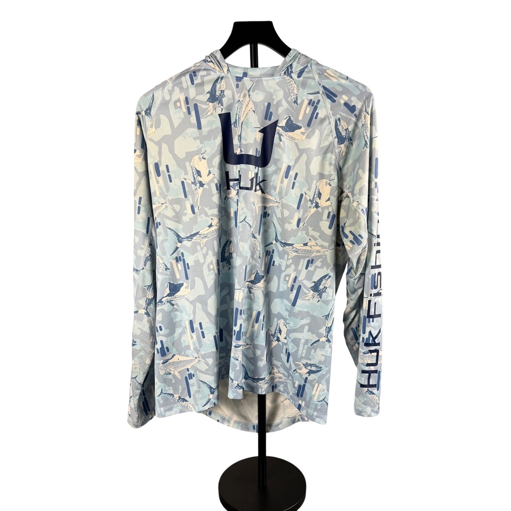 Huk Fishing Hoodie Mens Large Blue Camo Marlin Print Performance Sun Shirt L